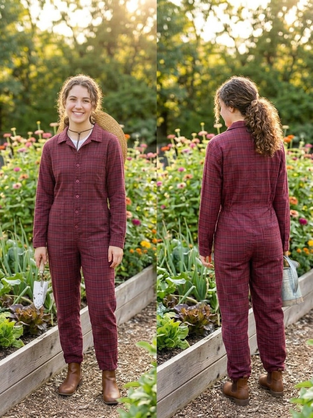 RVCA Burgundy Grid Check Plaid Button-Front Coveralls Jumpsuit Small